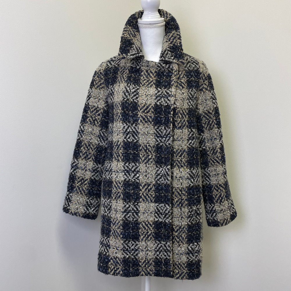 Gerard Darel Paris Navy Cream Plaid Boucle Wool Blend Coat Size 38 Classic